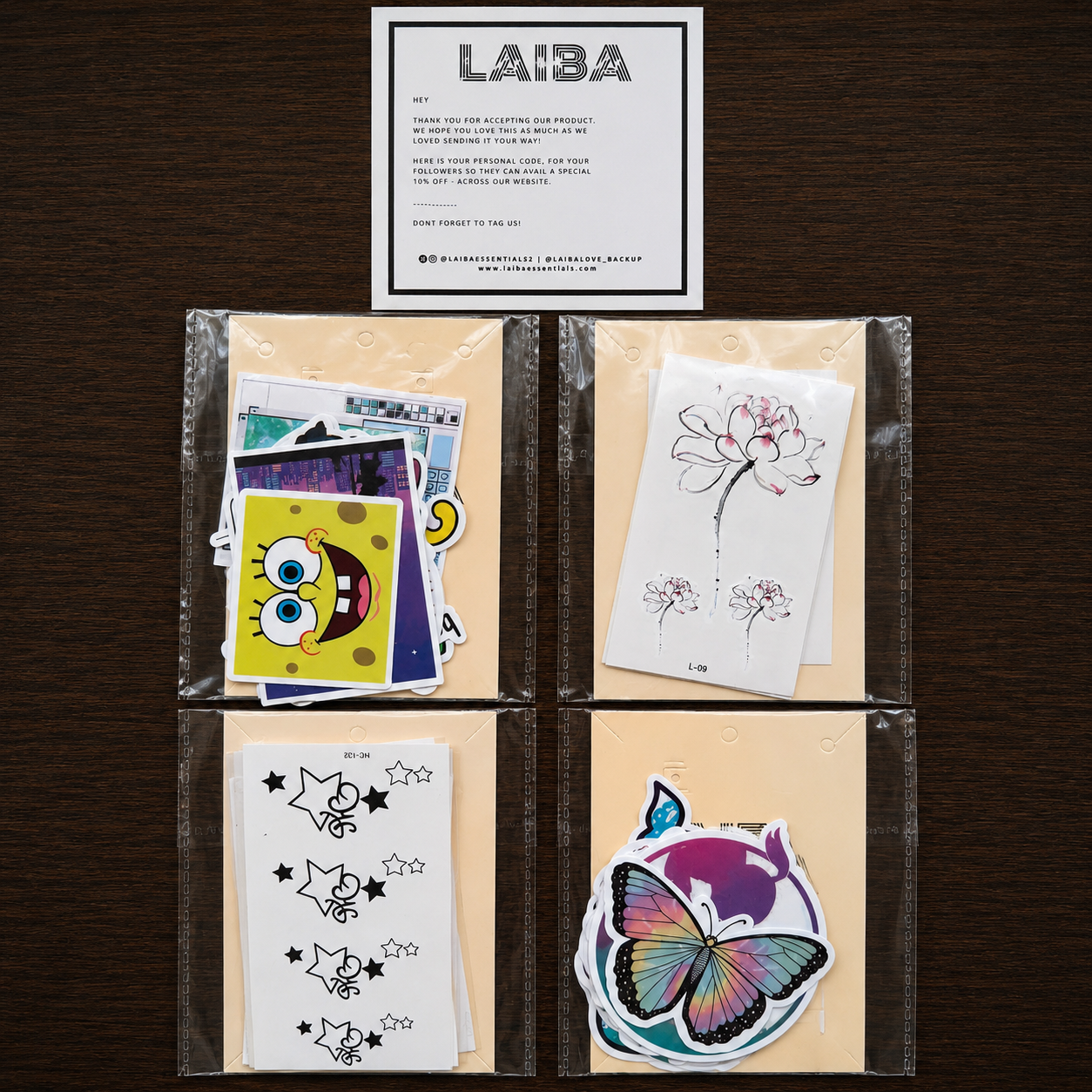 2 tattoo packs 10 sheet each pack) 2 sticker pack(10 sticker each pack) Value pack 8
