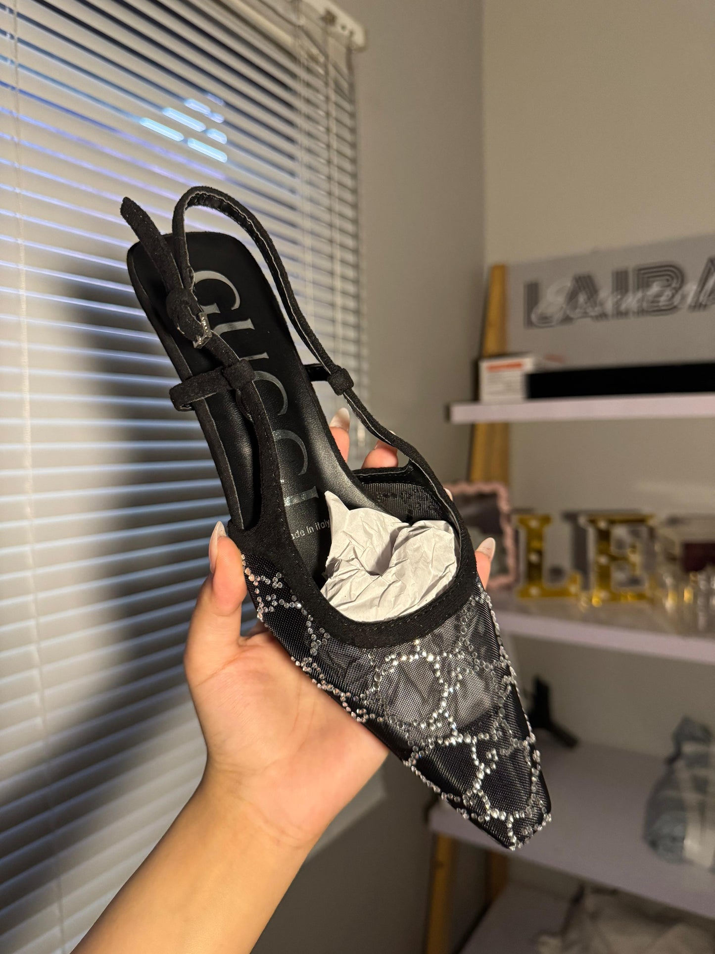 Gucci Demi embellished slingback pumps in black (Entire Box Packaging)
