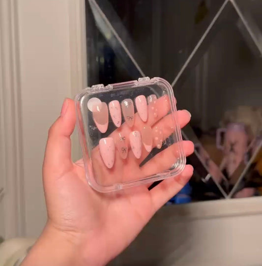 Black bow pink hand made nails L10