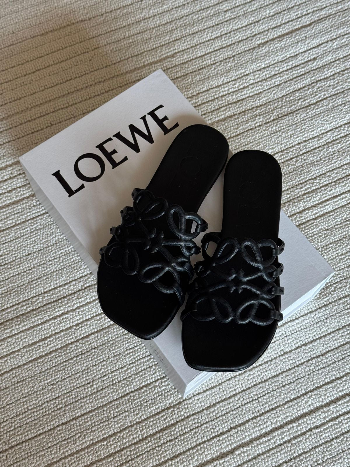 Black LOEWE Flats With Entire Packaging