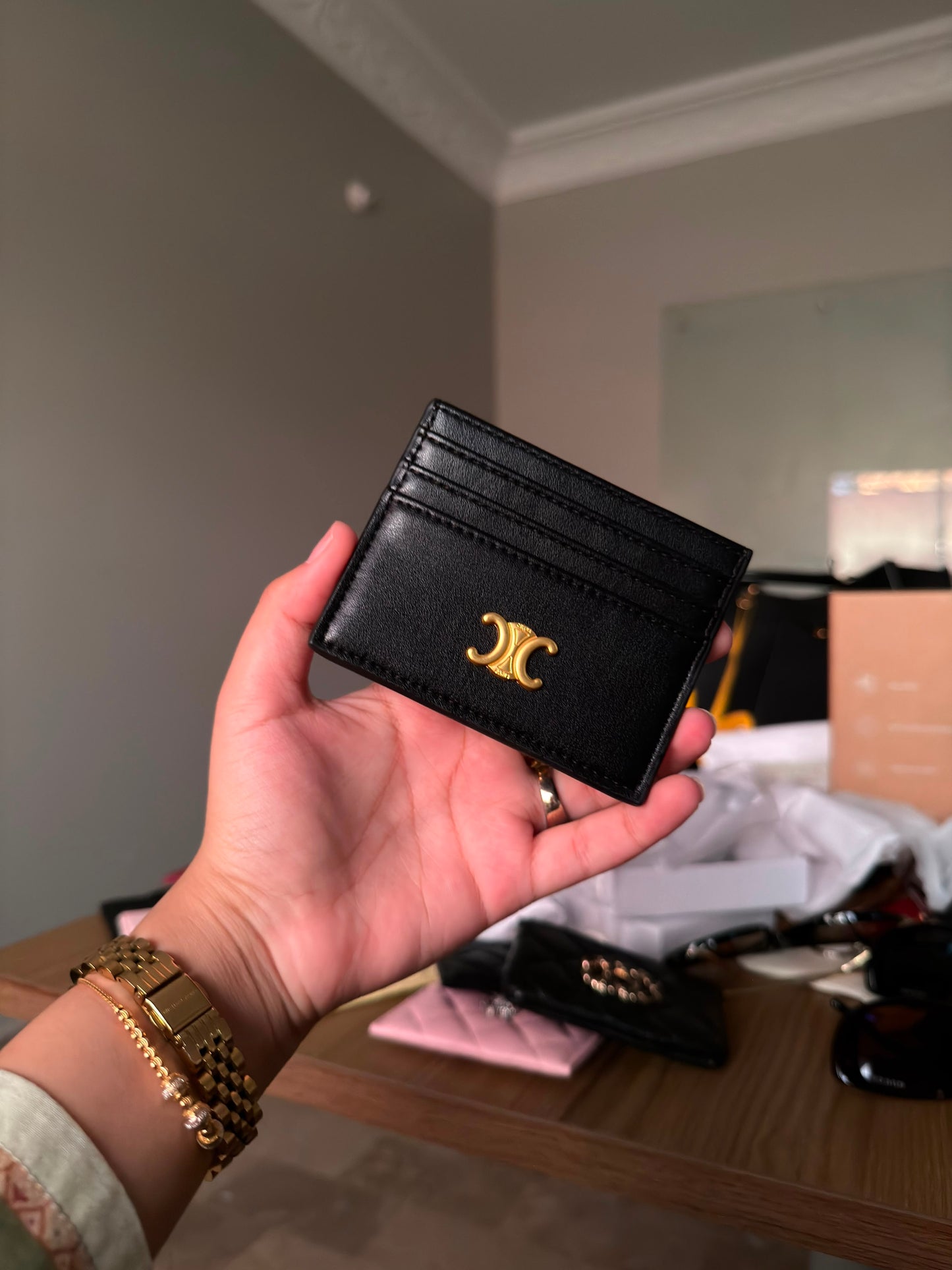 Celine Triomphe Card Holder – Black Leather with Gold Logo(IMMEDIATE DELIVERY AVAILABLE)