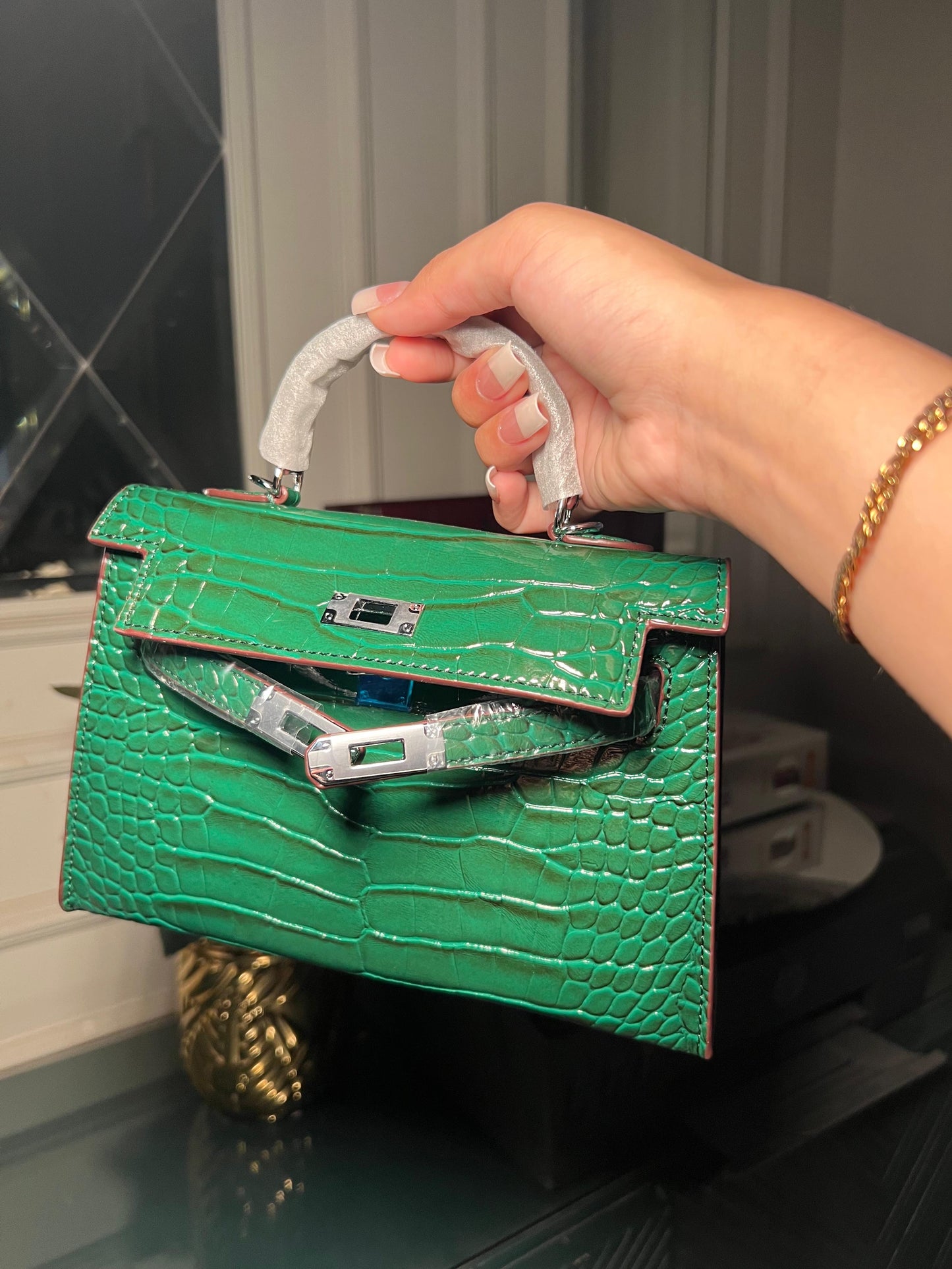 Hermès Mini Kelly Croc-Embossed Bag with Silver Hardware
