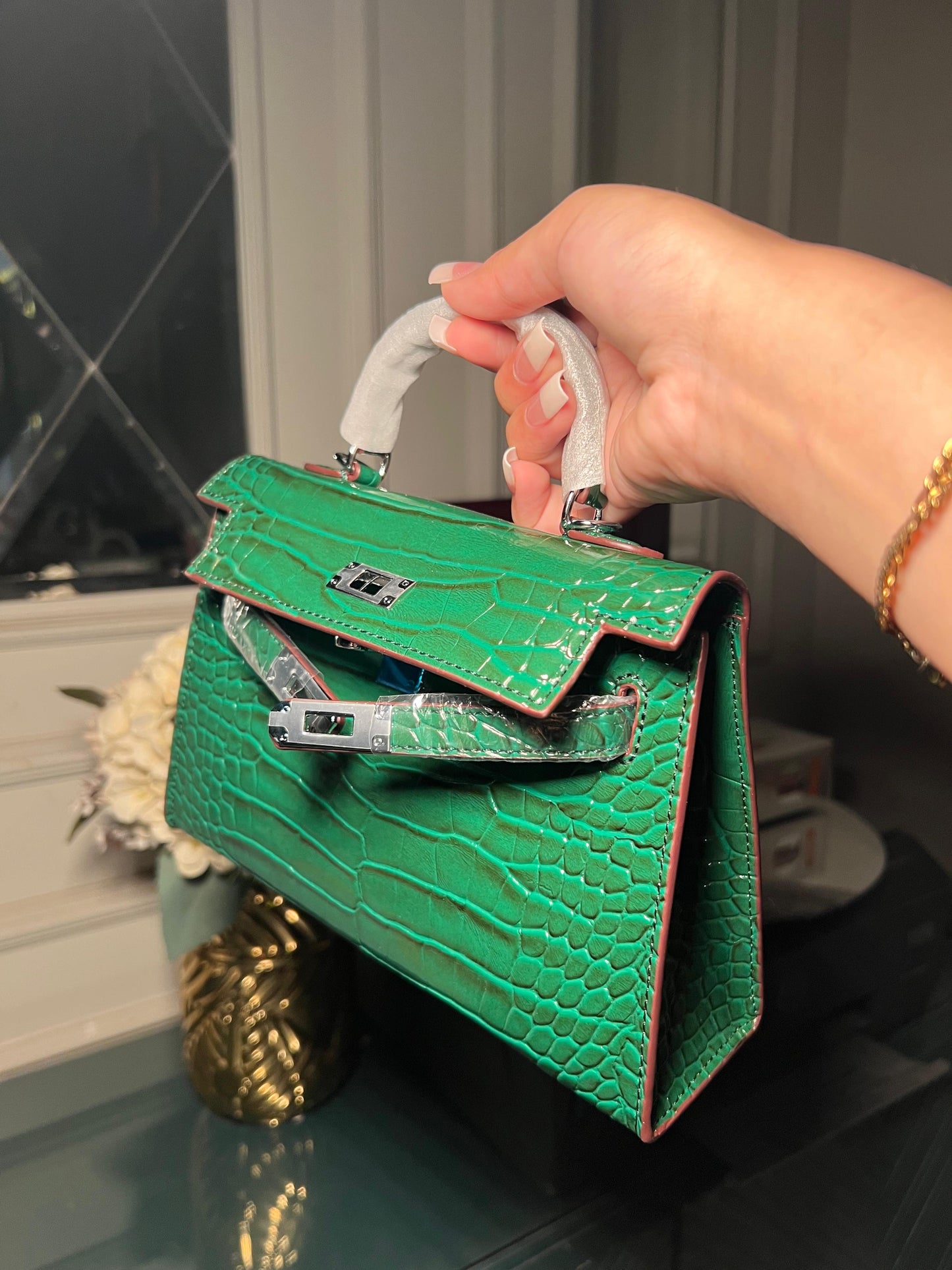 Green mini Kelly textured bag (available for immediate delivery)