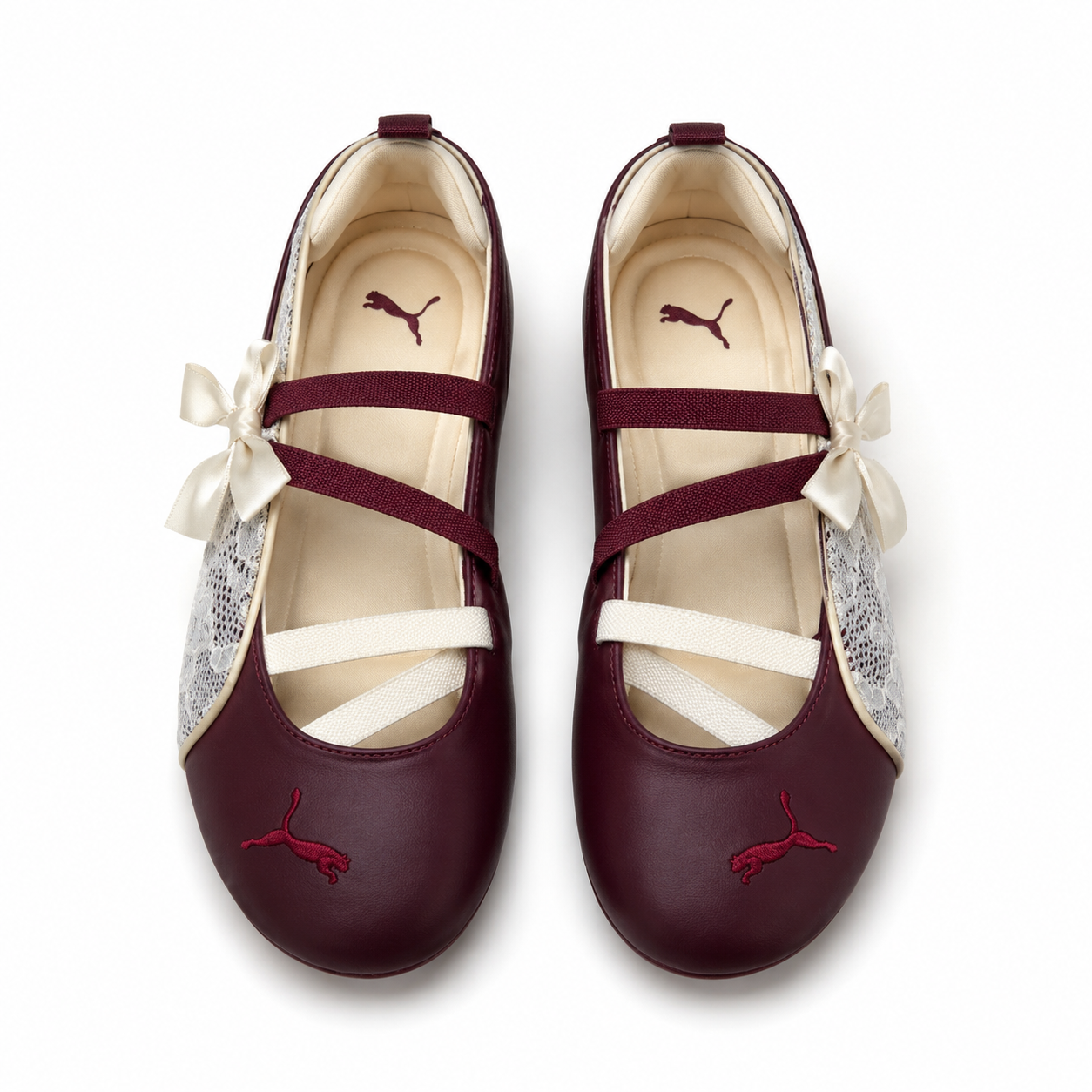 Puma Shoes | Puma Burgundy Ballet Flats With White Lace & Bow | Color: Red/White