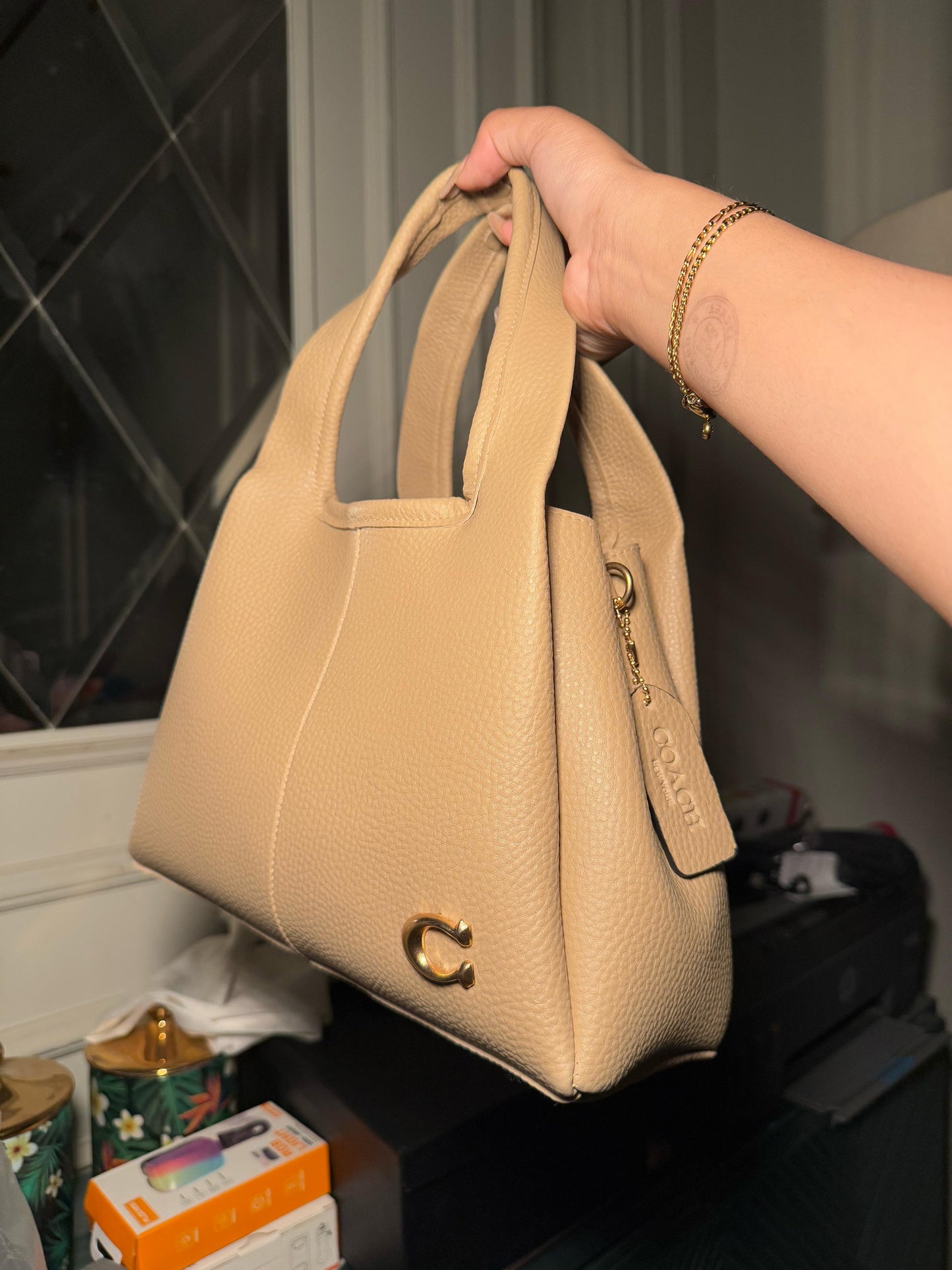 Coach Lana Shoulder Bag 23 In Signature Jacquard camel Leather