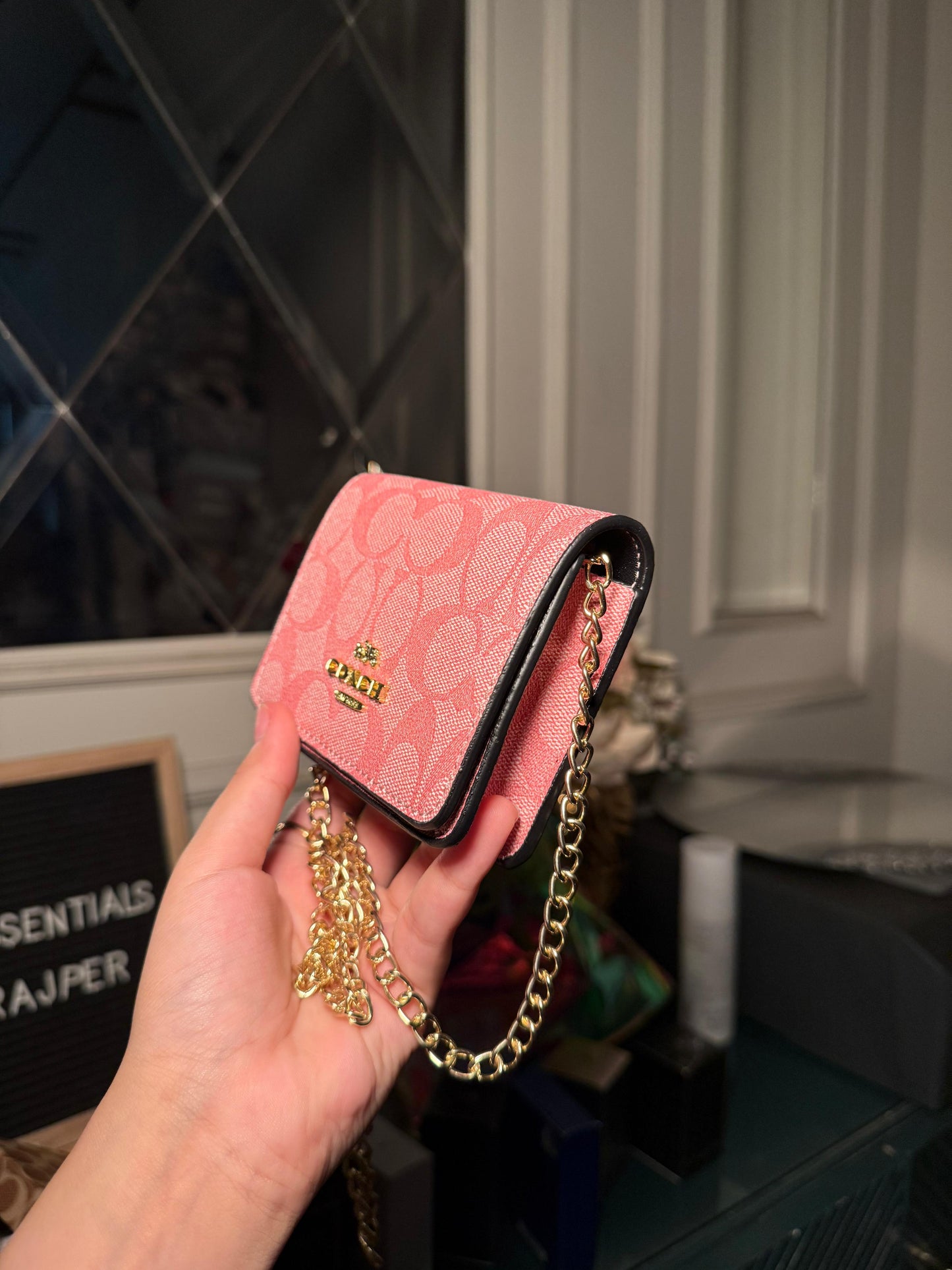 Coach Signature Canvas Mini Chain Wallet (Pink Chain) (IMMEDIATE DELIVERY AVAILABLE)