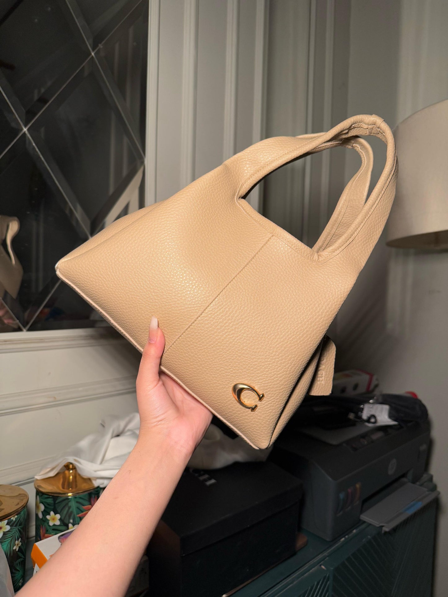 Coach Lana Shoulder Bag 23 In Signature Jacquard camel Leather