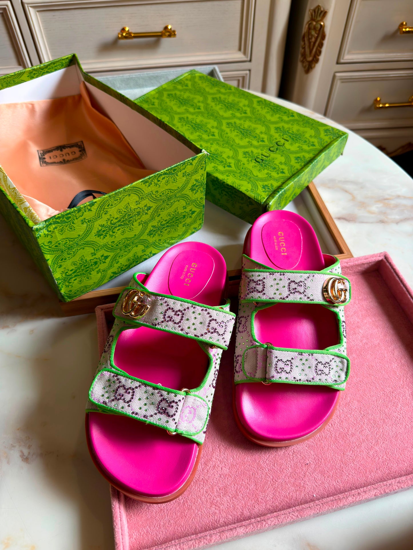 GUCCI GG New Canvas Nappa Crystal Womens Slide Sandals With Straps