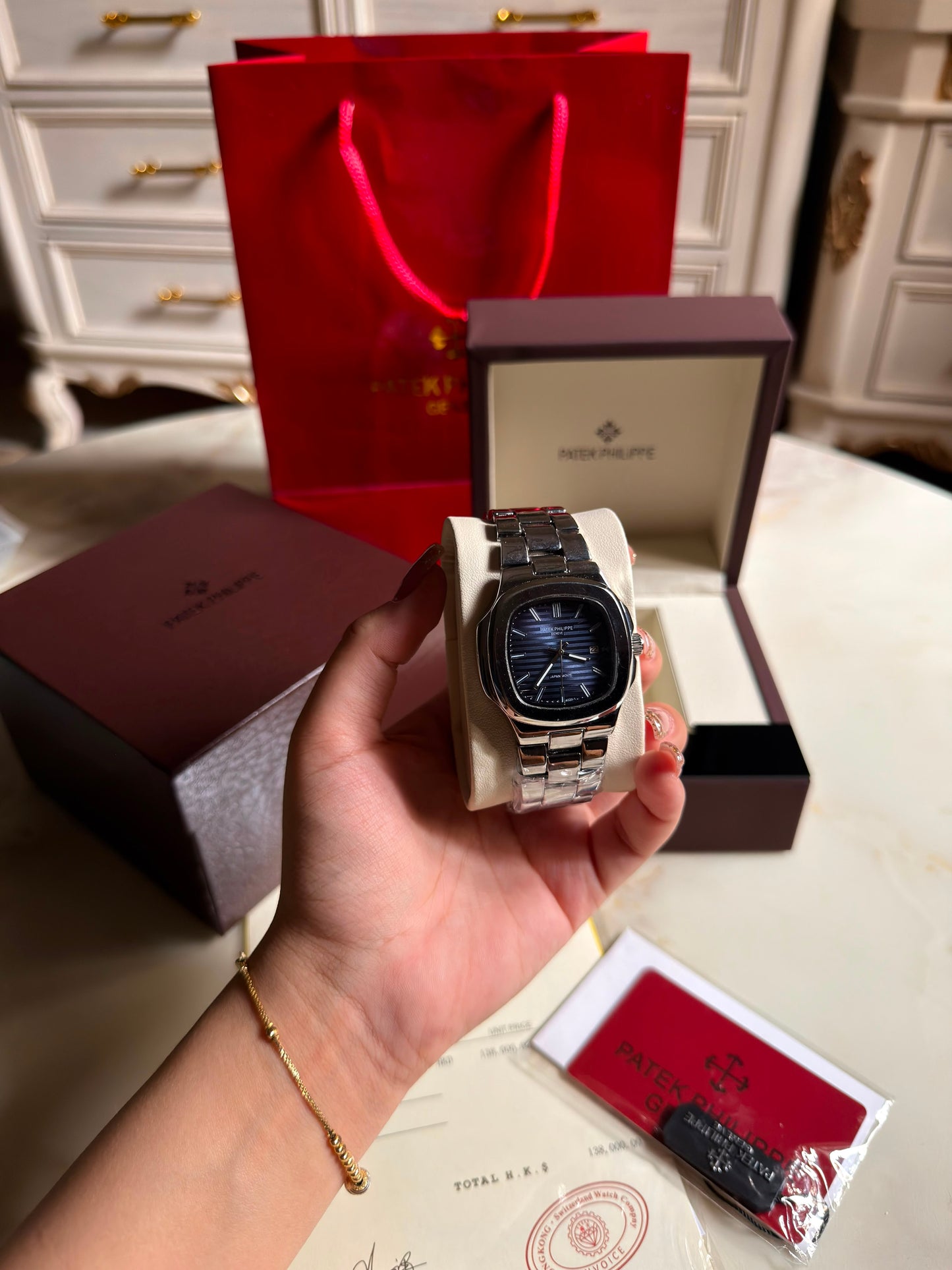 Diamond Steel Blue Patek Philippe Nautilus Watches (With Box & Proper Packaging)