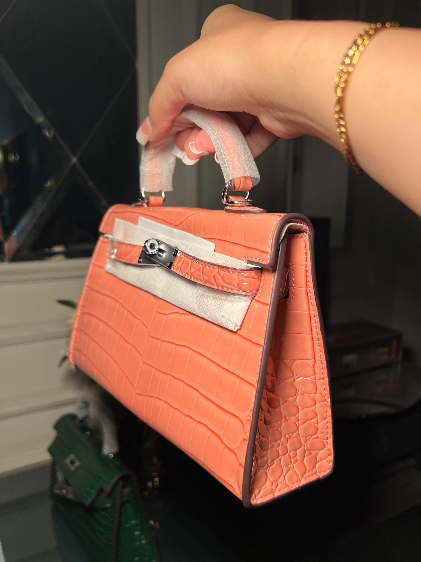 Peach textured mini Kelly birkin silver hardware 22 cm (immediate delivery available)