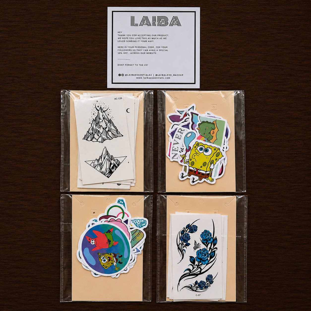 2 tattoo packs 10 sheet each pack) 2 sticker pack(10 sticker each pack) Value pack 5