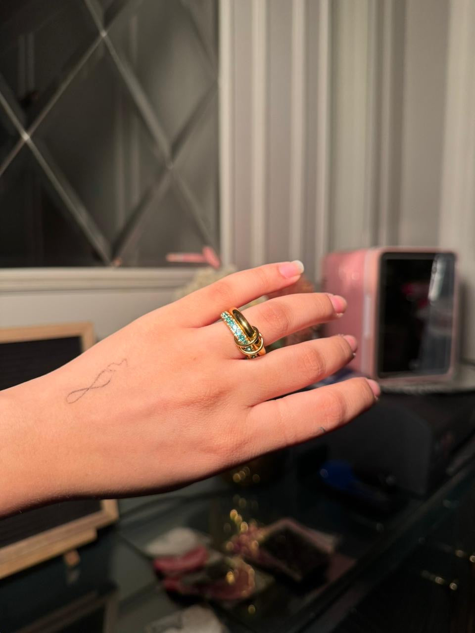 Blue Gold plated gem stone ring (size 7)
