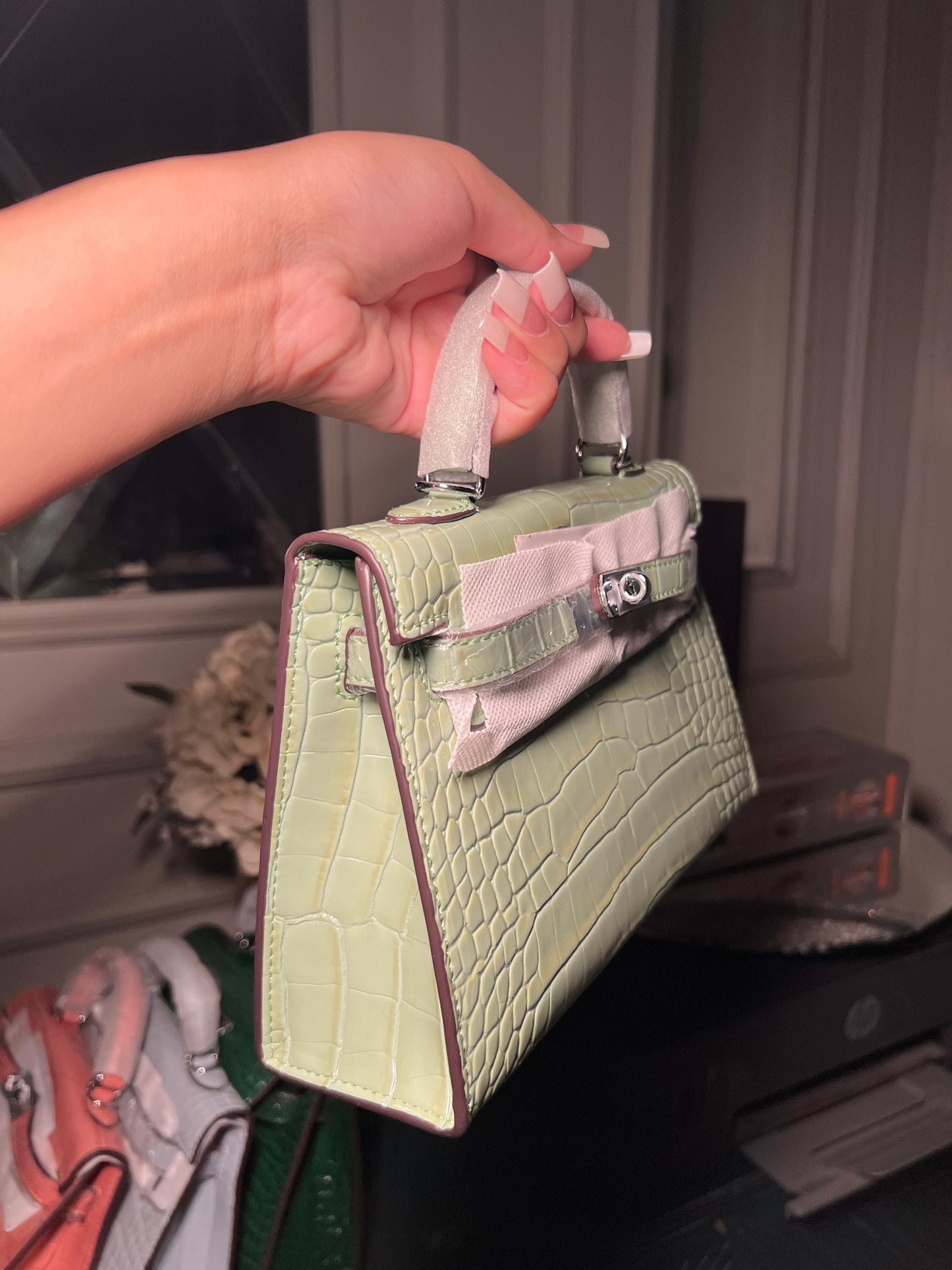 Pistachio textured mini Kelly birkin silver hardware 22 cm (immediate delivery available)