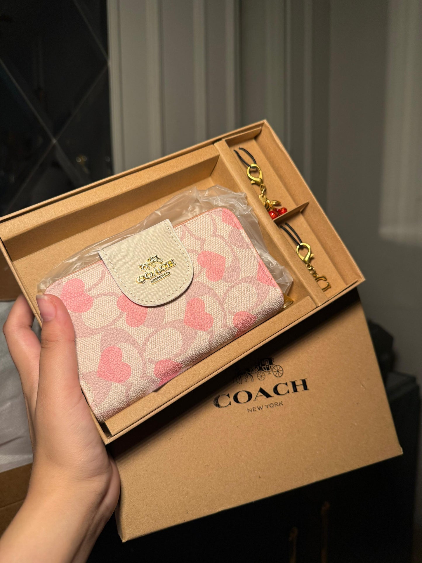 Coach Signature Canvas Wallet with Pink Hearts Print 3pcs Set (IMMEDIATE DELIVERY AVAILABLE)