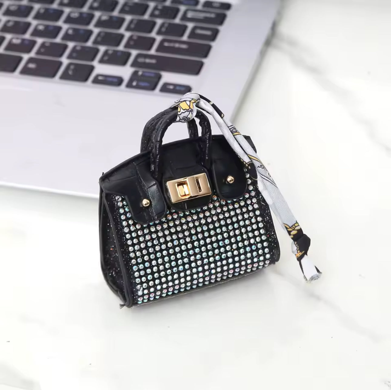 Faux leather with rhinestones and matching printed handle scarf birkin bag charm key chain