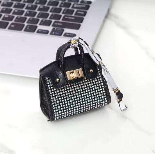 Black  faux leather with rhinestones and matching printed handle scarf birkin bag charm key chain