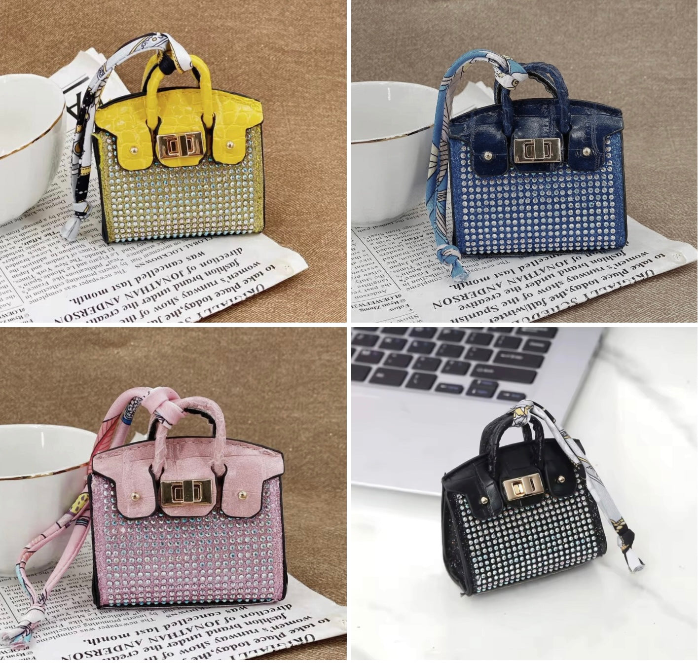 Faux leather with rhinestones and matching printed handle scarf birkin bag charm key chain