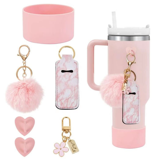 6pcs Light Pink/Marble tumbler accessories Set