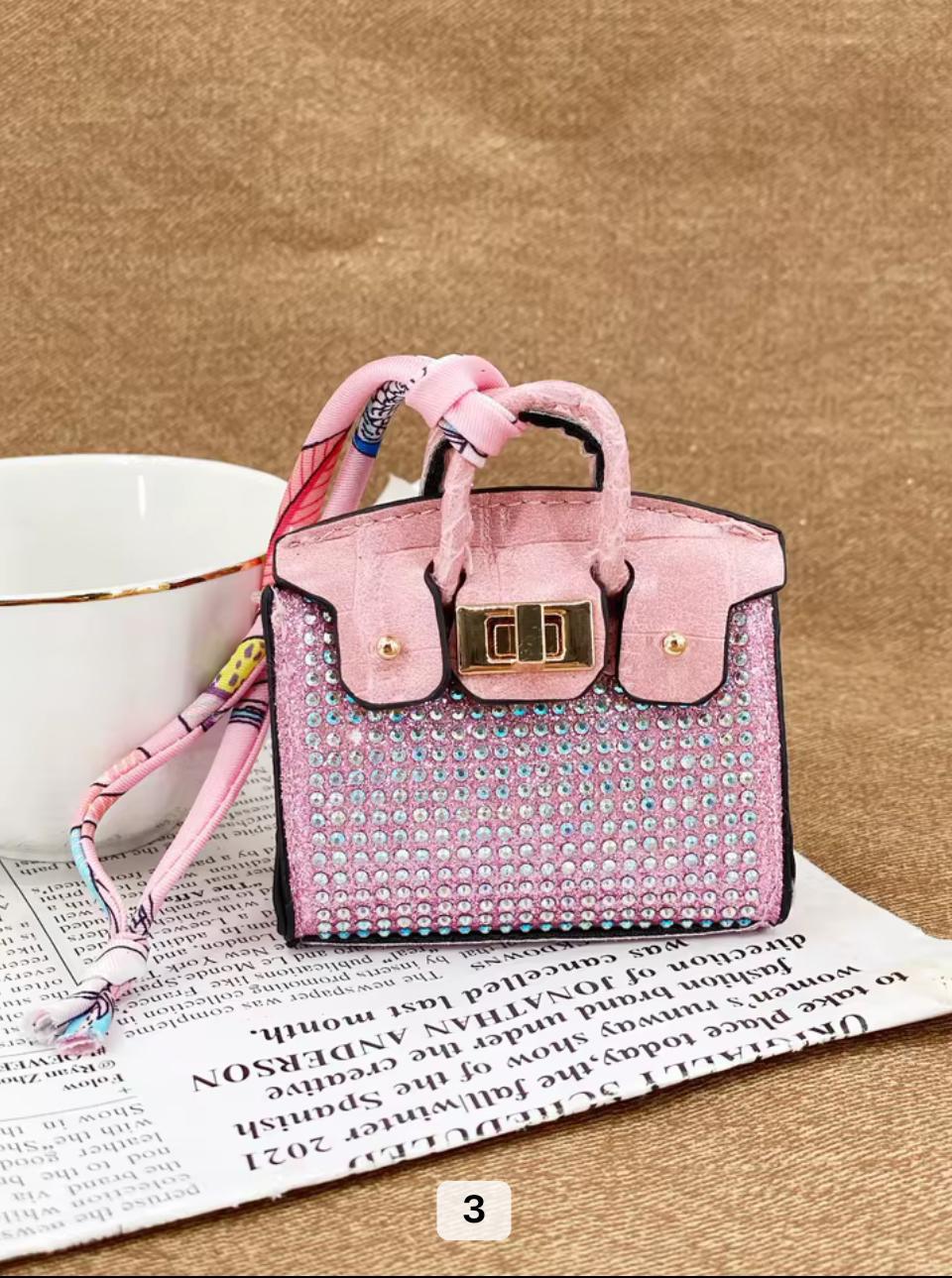 Faux leather with rhinestones and matching printed handle scarf birkin bag charm key chain