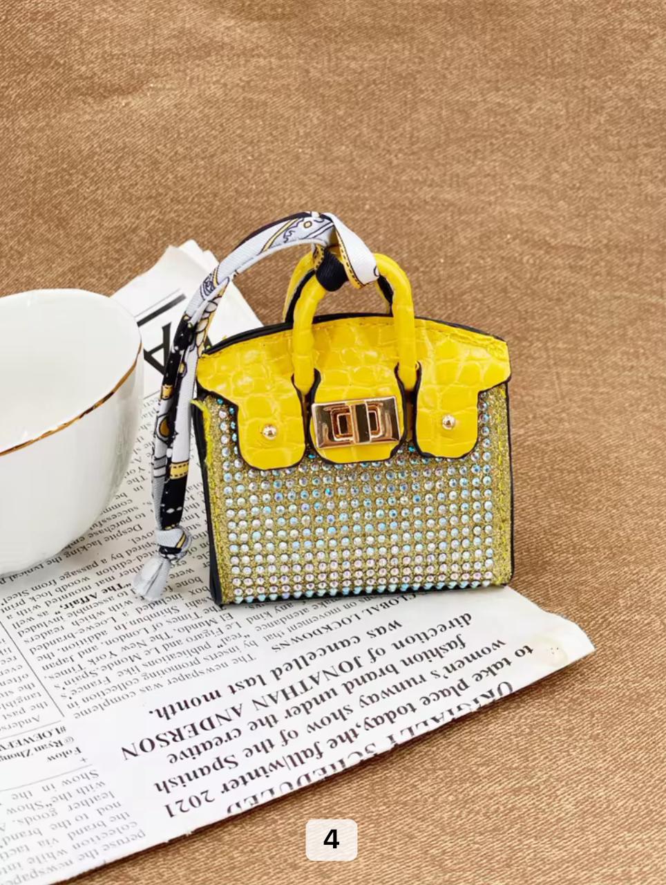 Faux leather with rhinestones and matching printed handle scarf birkin bag charm key chain