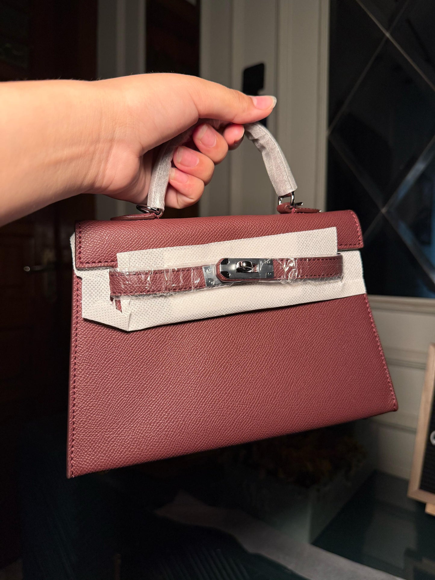 Burgundy mini Kelly bag 22 cm with silver lock (instock)