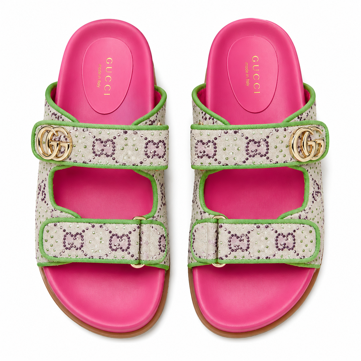 GUCCI GG New Canvas Nappa Crystal Womens Slide Sandals With Straps