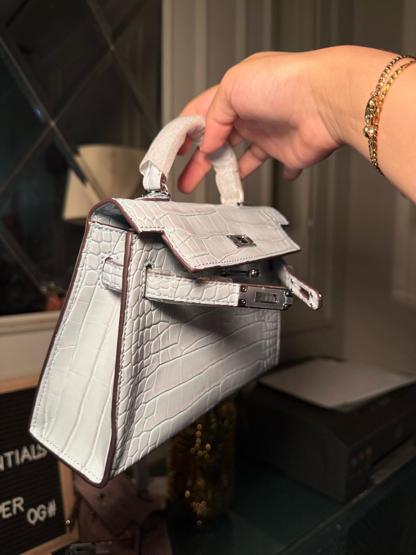 Blue shiny textured mini Kelly birkin silver hardware 22 cm (immediate delivery available)