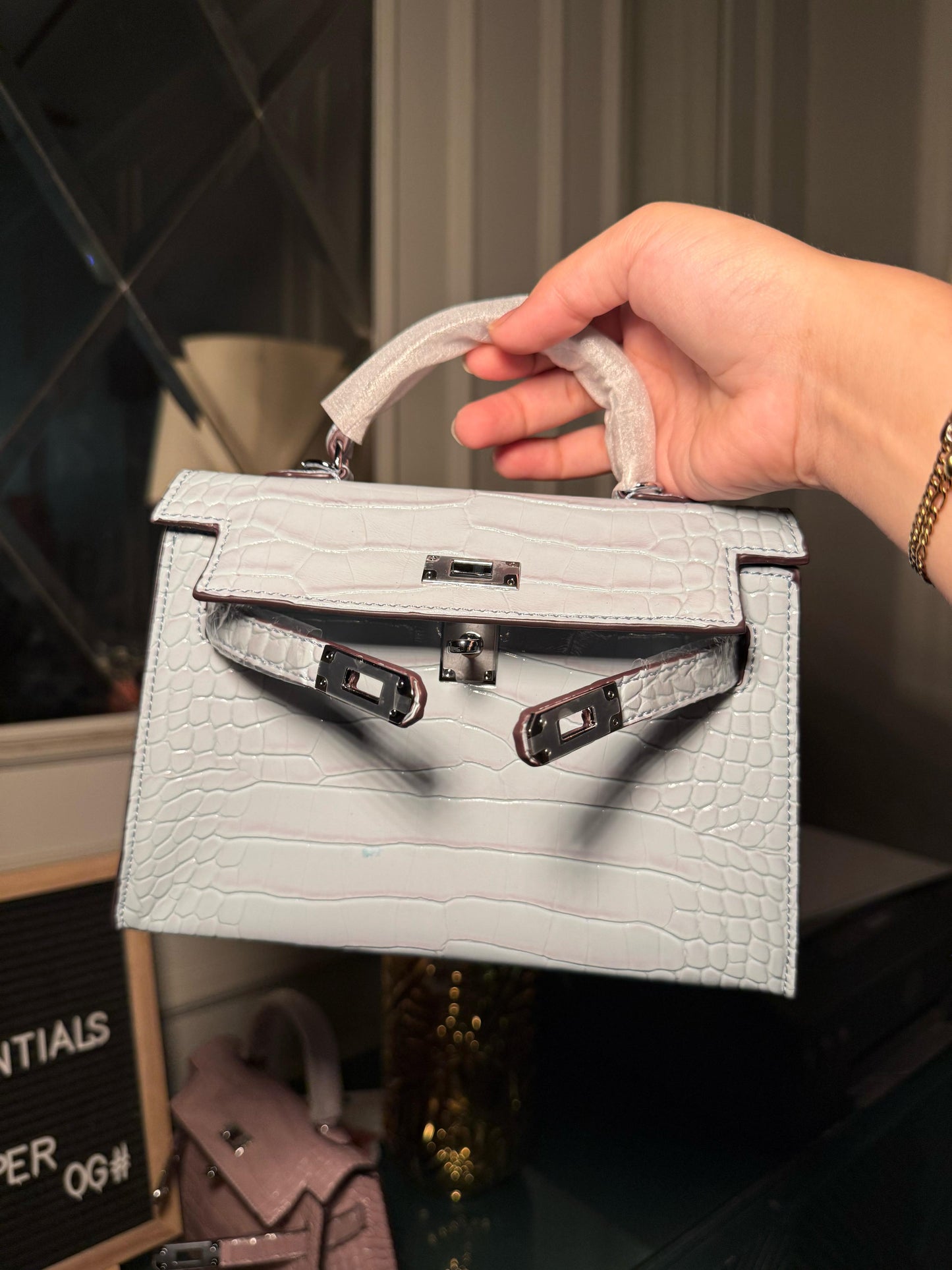 Blue shiny textured mini Kelly birkin silver hardware 22 cm (immediate delivery available)