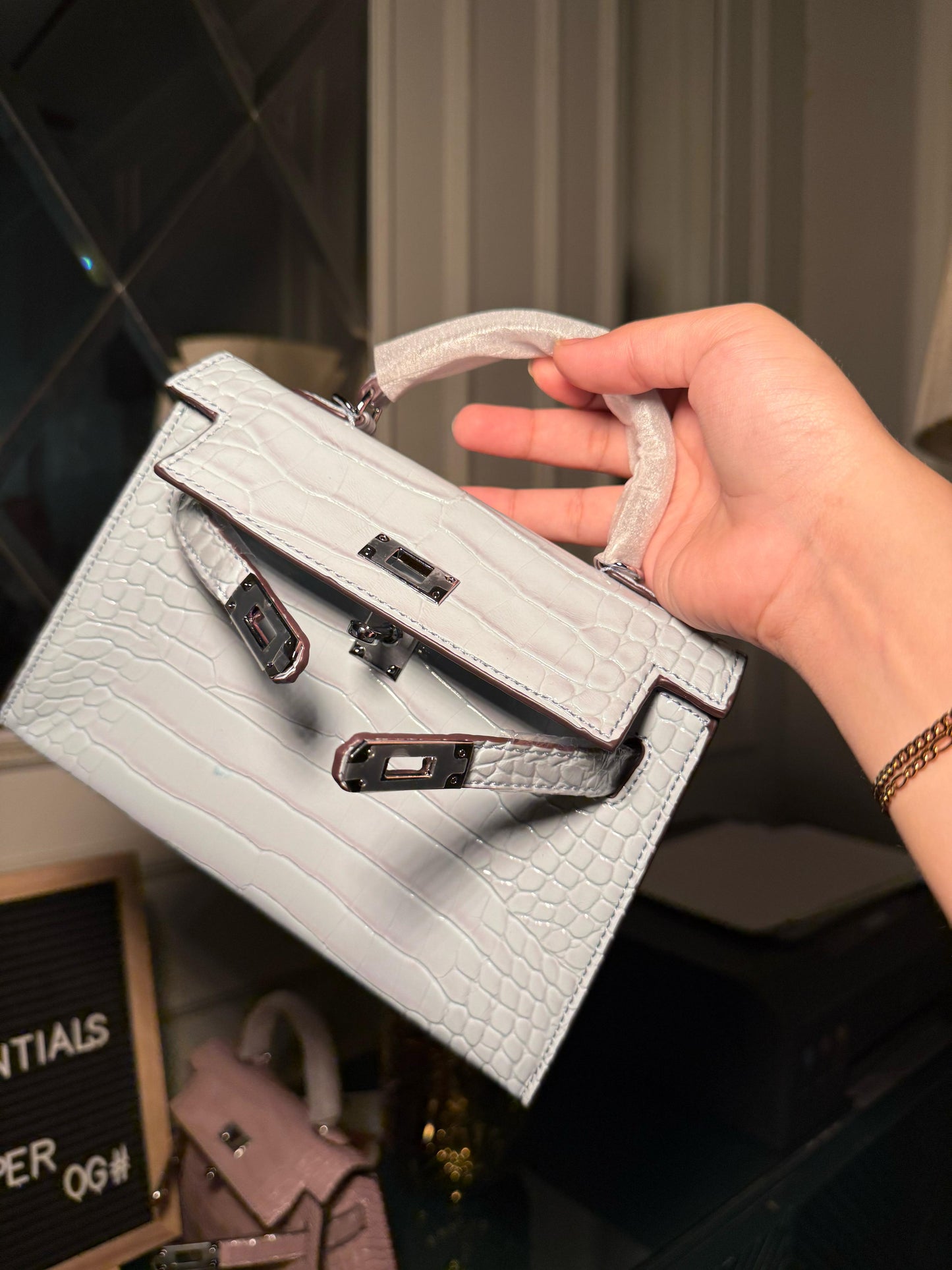 Blue shiny textured mini Kelly birkin silver hardware 22 cm (immediate delivery available)