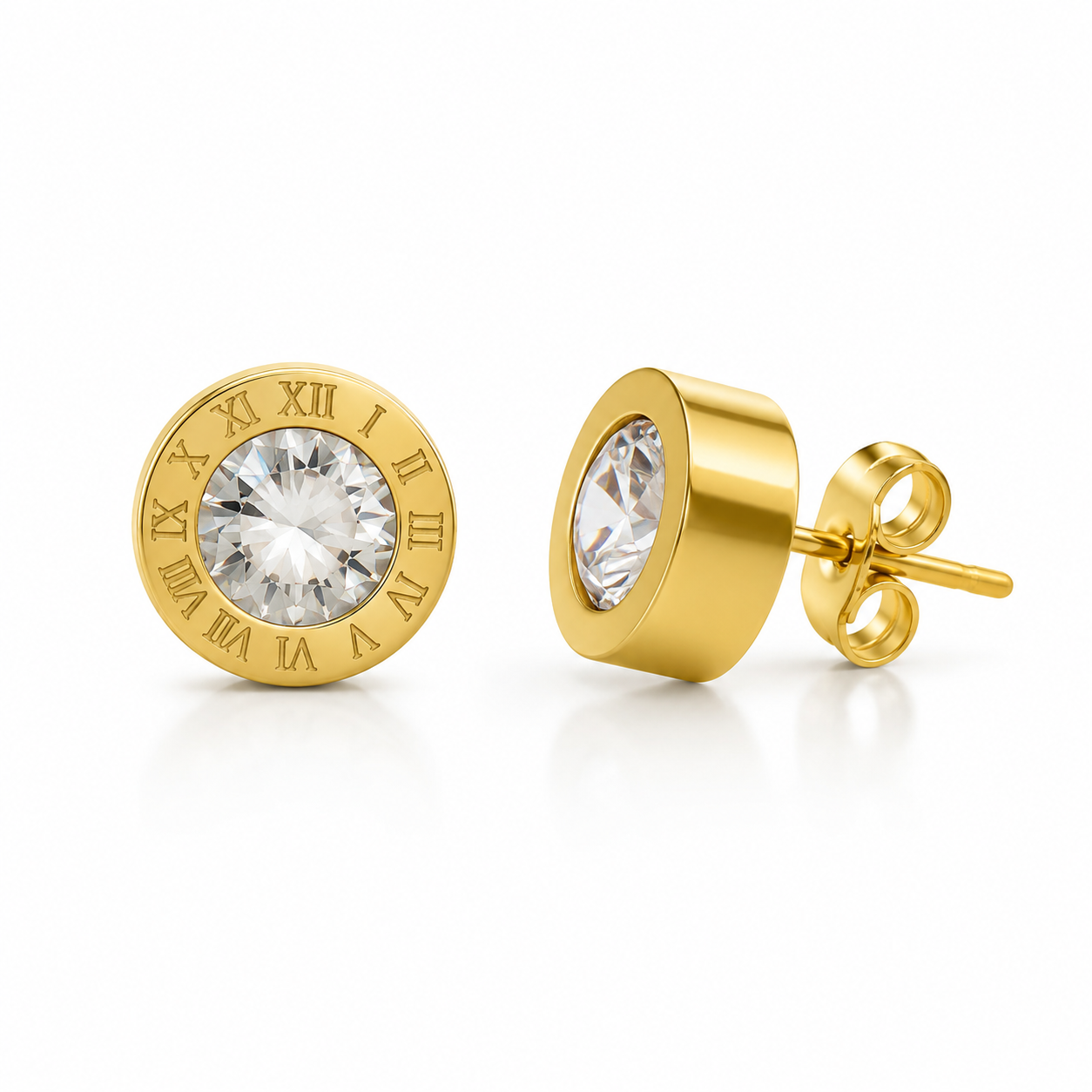 Gold Roman Numeral Crystal Stud Earrings