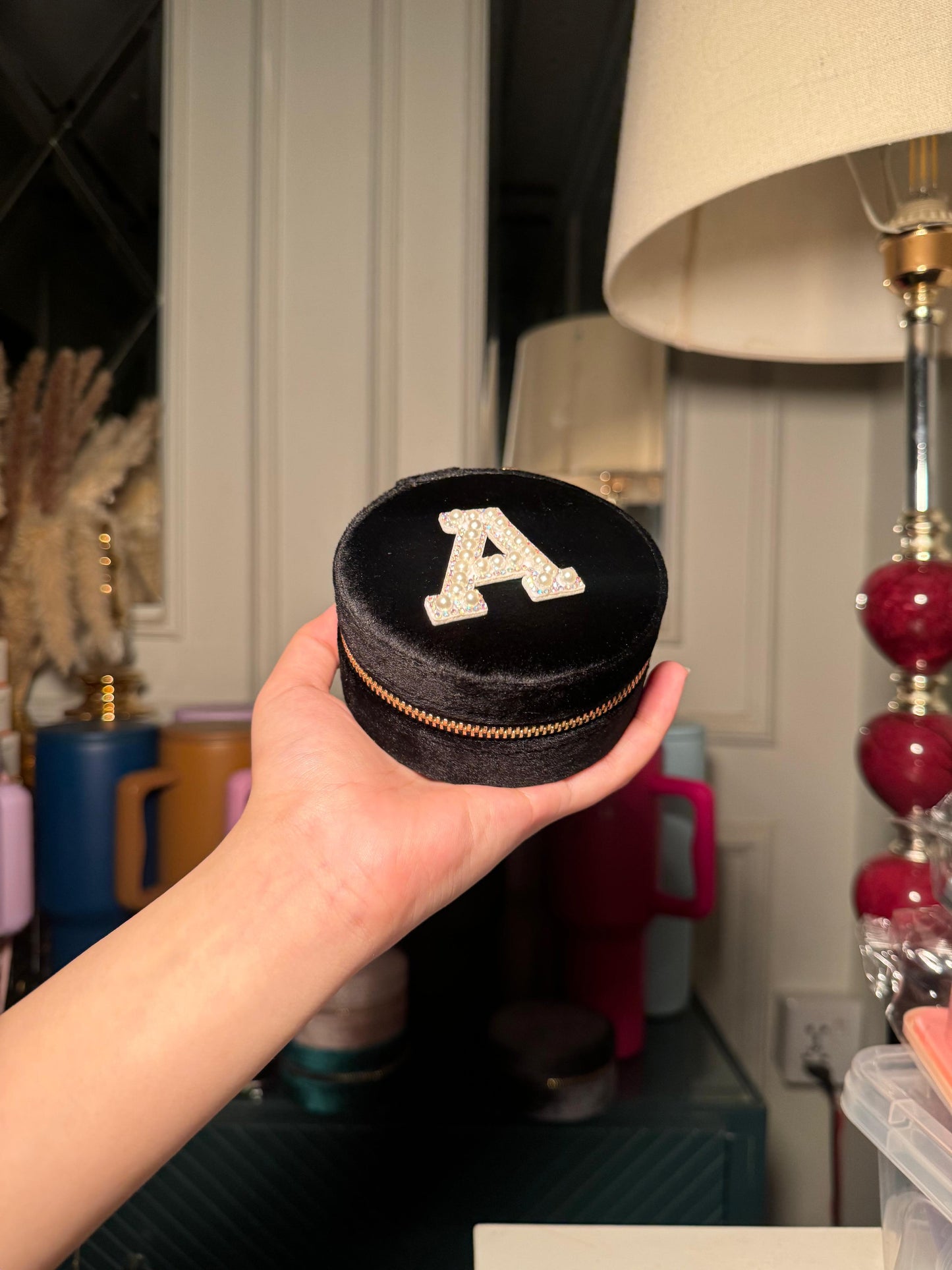 Black Round jewelry velvet organizer with initial