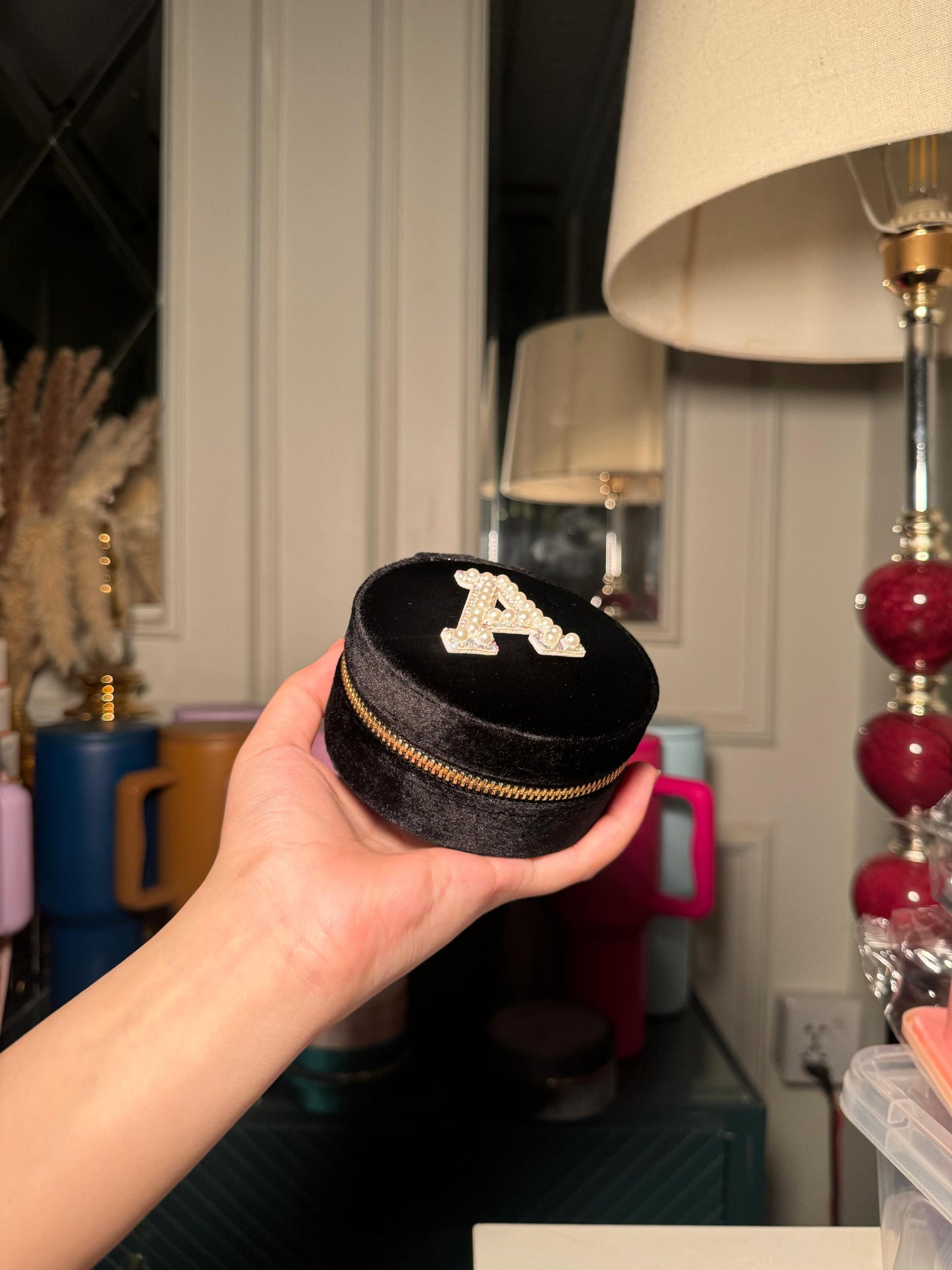 Black Round jewelry velvet organizer with initial