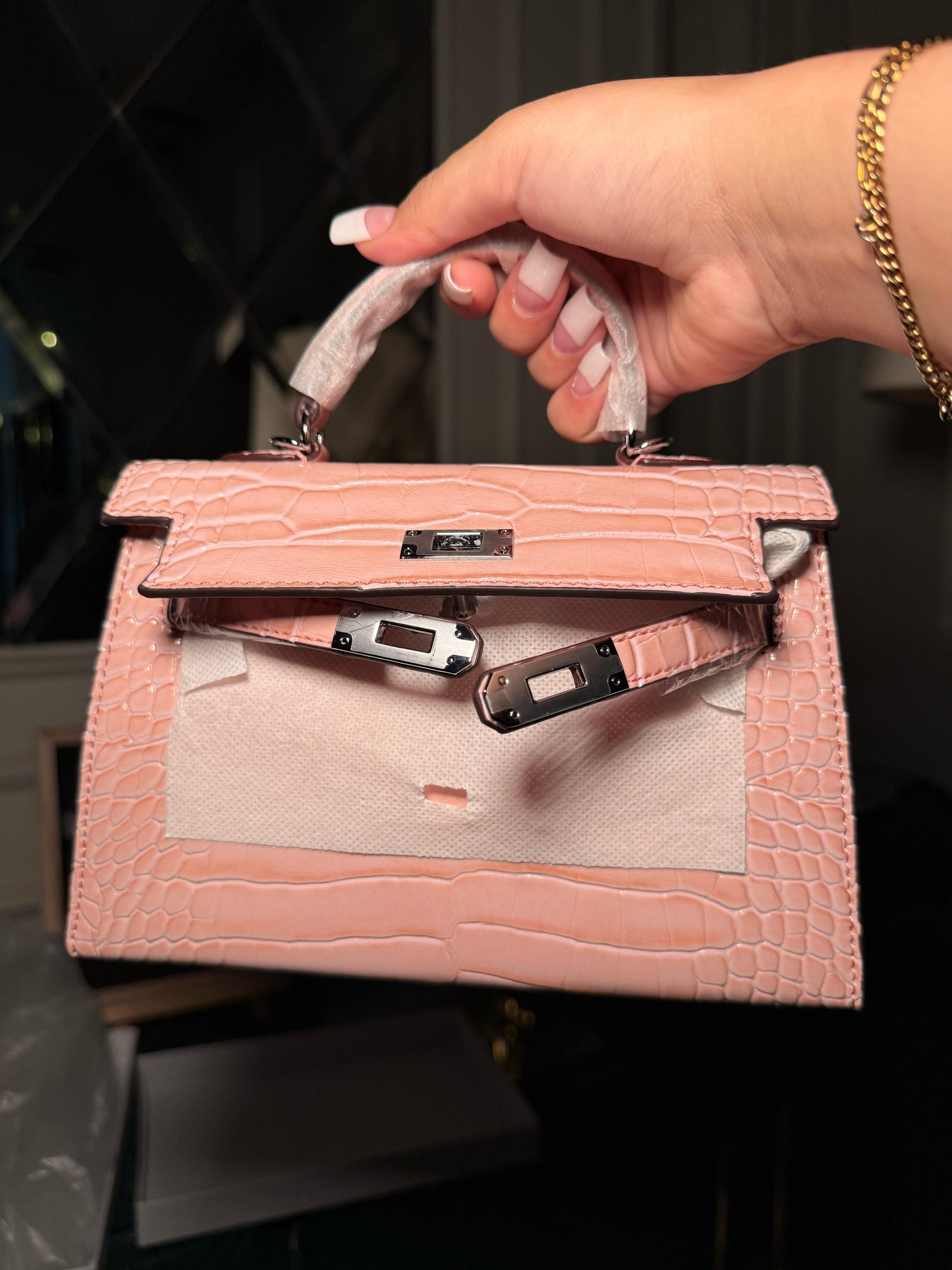 Baby pink Kelly textured sliver hardware bag
