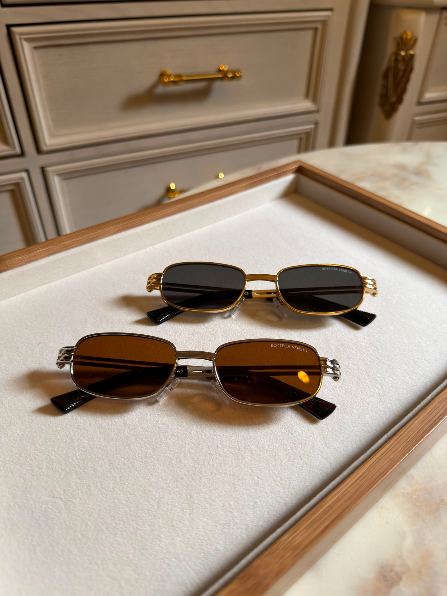Bottega Veneta Rectangular Metal Sunglasses