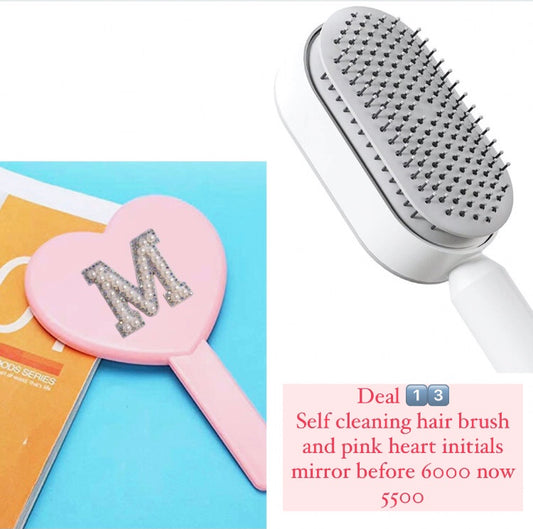 Self cleaning hair brush and pink heart initial mirror bundle