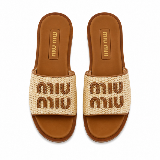 Miu Miu Raffia And Leather Sandals With Logo Lettering - Multicolor