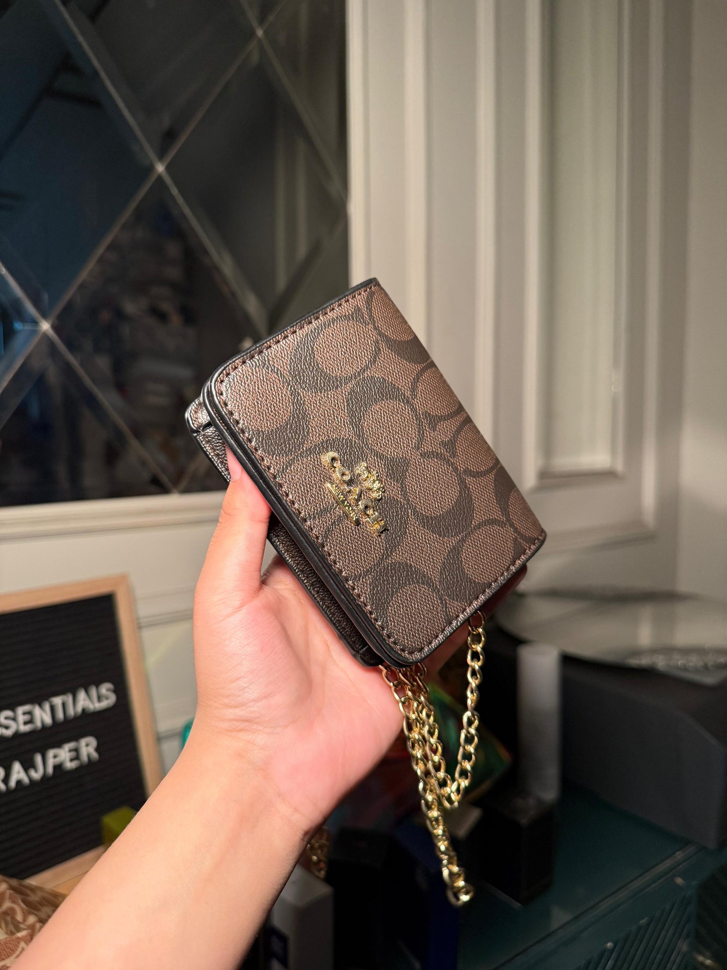 Coach Mini Crossbody in Dark Brown Signature Canvas Mini Chain Wallet (Gold Chain)(IMMEDIATE DELIVERY AVAILABLE)