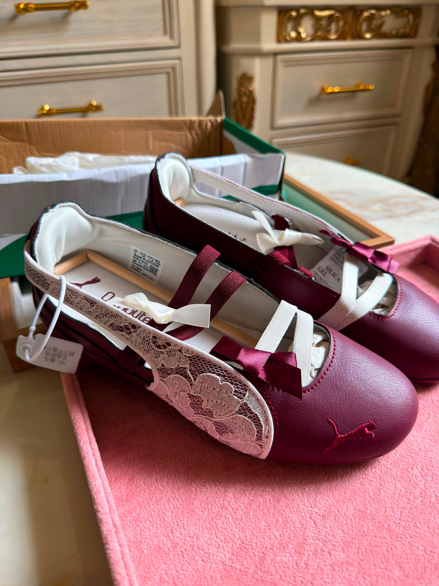 Puma Shoes | Puma Burgundy Ballet Flats With White Lace & Bow | Color: Red/White