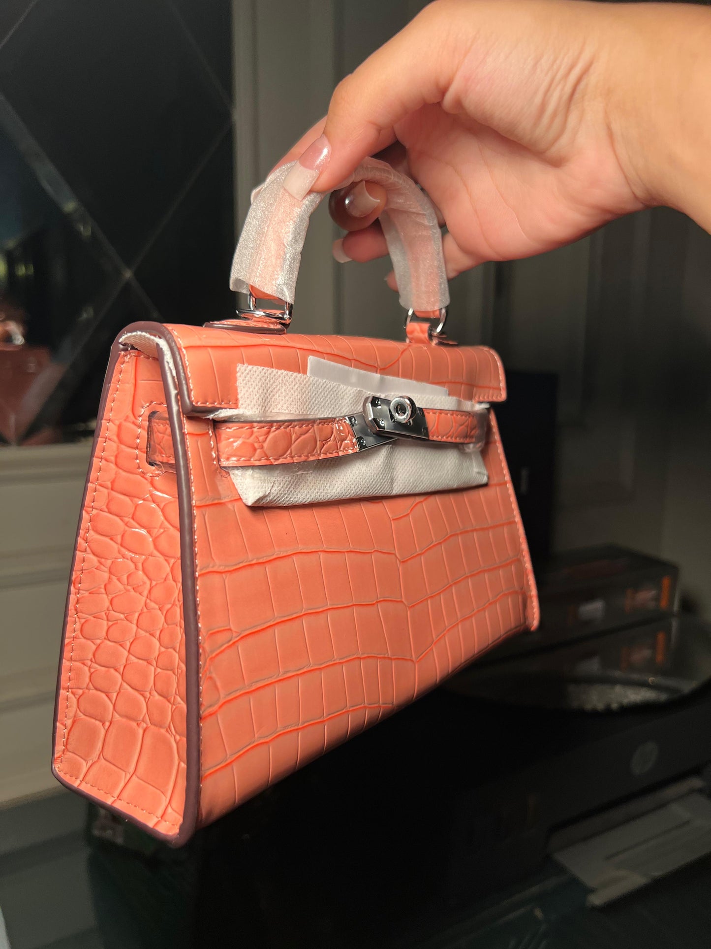 Peach textured mini Kelly birkin silver hardware 22 cm (immediate delivery available)