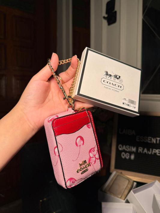 Coach Pink Cherry Print with Red Trim Mini ID/Key Pouch WITH BOX