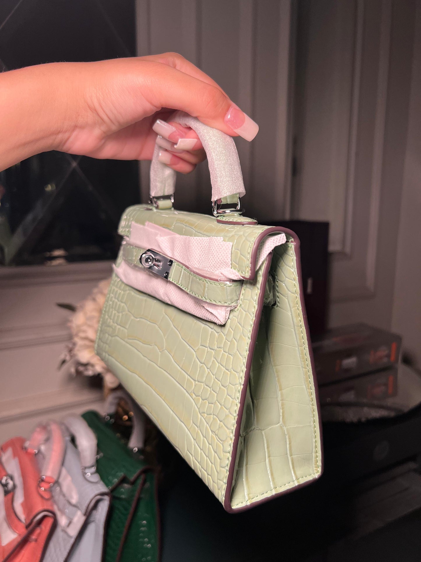 Pistachio textured mini Kelly birkin silver hardware 22 cm (immediate delivery available)