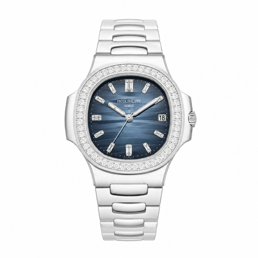 Diamond Steel Blue Patek Philippe Nautilus Watches (With Box & Proper Packaging)