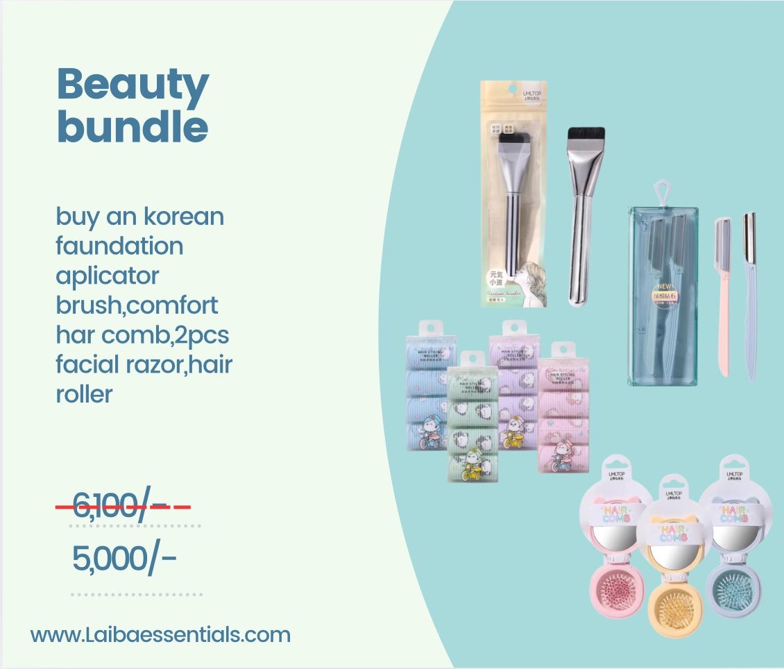 korean faundation aplicator brush,comfort har comb,2pcs facial razor, hair roller bundle 1