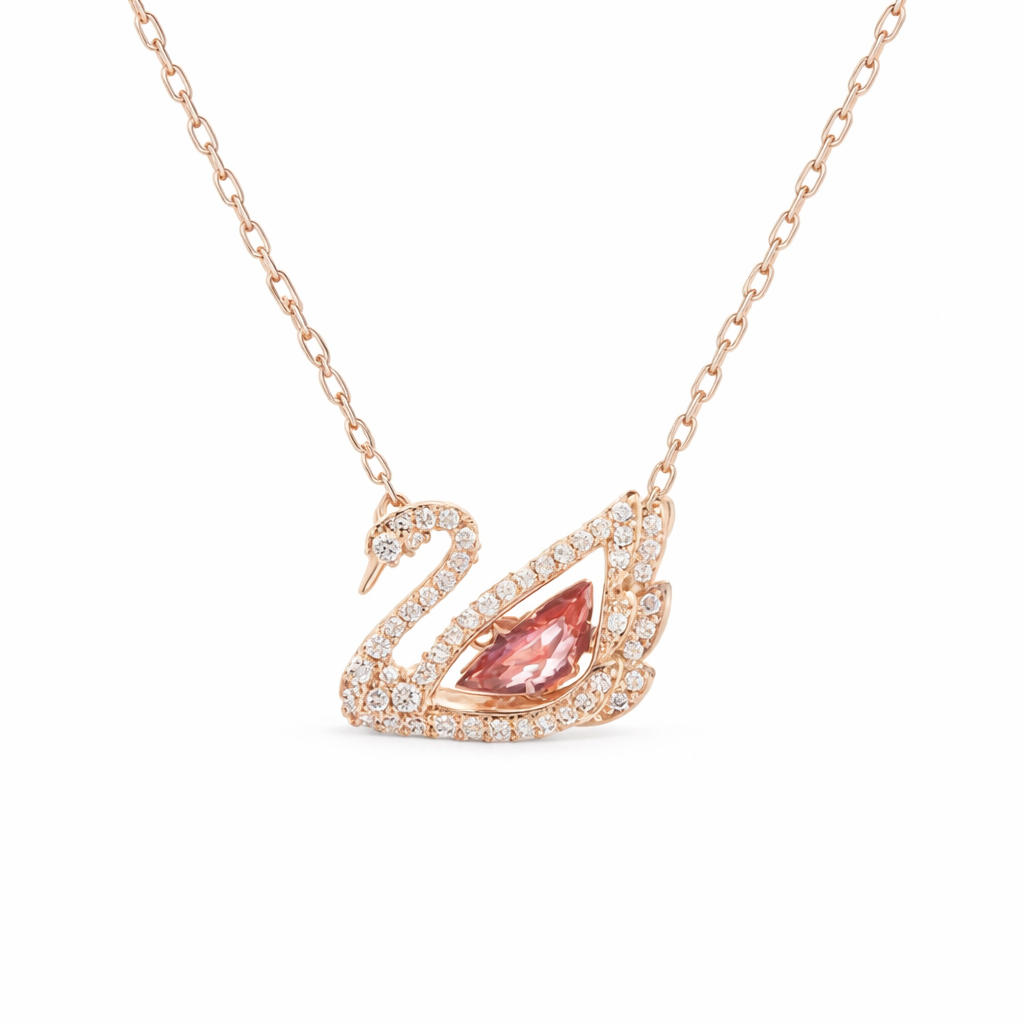 Swarovski Iconic Swan Dazzling Pendant Necklace (Rose Gold, Pink Stone) – Comes in original brand packaging.