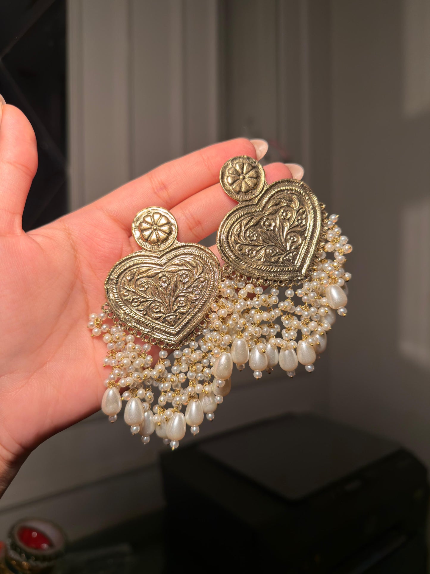 Antique Heart Pearl Jhumkay