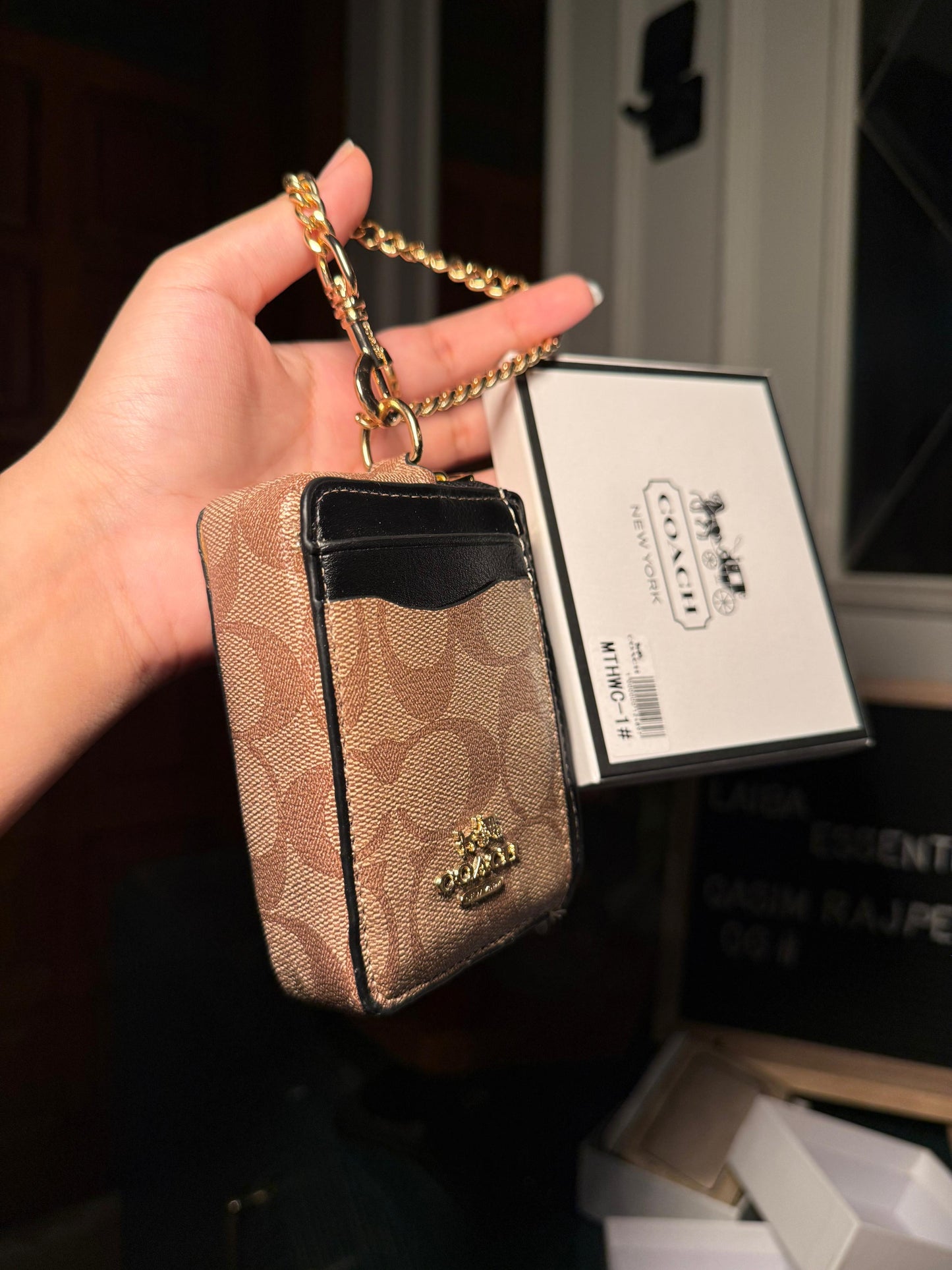 Coach Signature Canvas with Black Trim Mini ID/Key Pouch WITH BOX