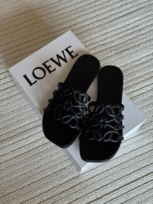 Black LOEWE Flats With Entire Packaging