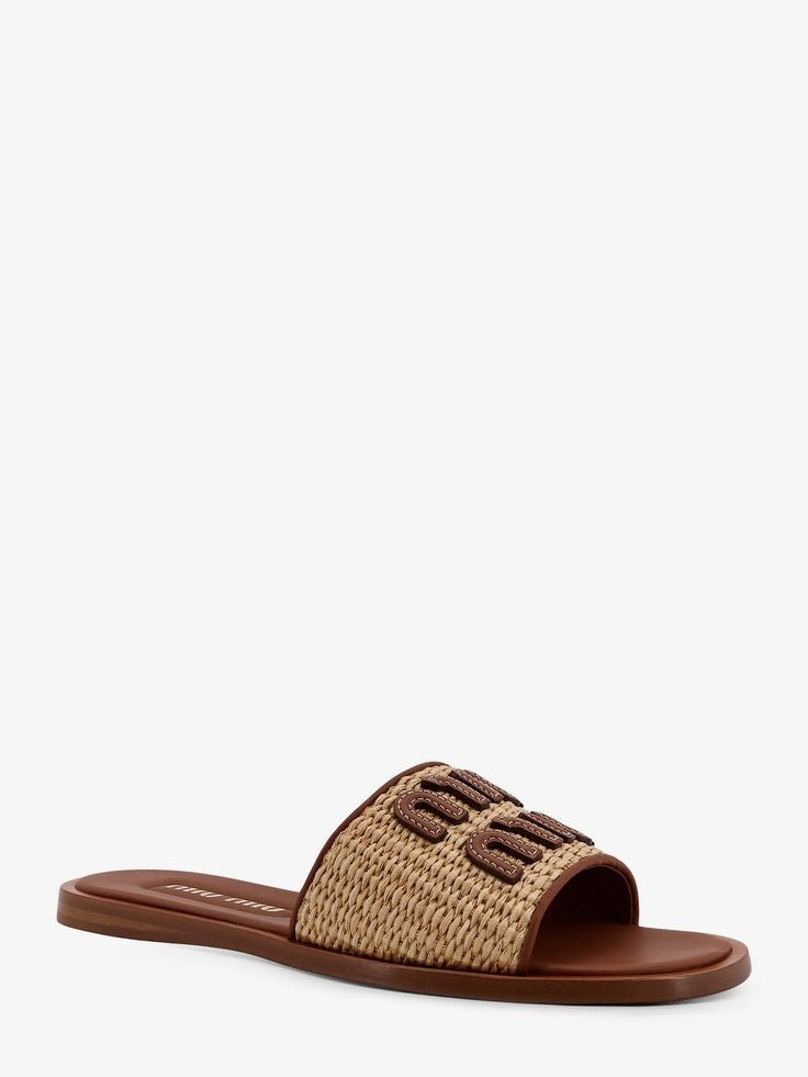 Miu Miu Raffia And Leather Sandals With Logo Lettering - Multicolor