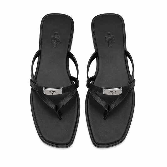 Black Hermes Flat Slippers
