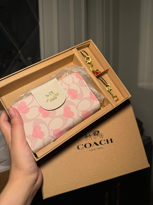 Coach Signature Canvas Wallet with Pink Hearts Print 3pcs Set (IMMEDIATE DELIVERY AVAILABLE)